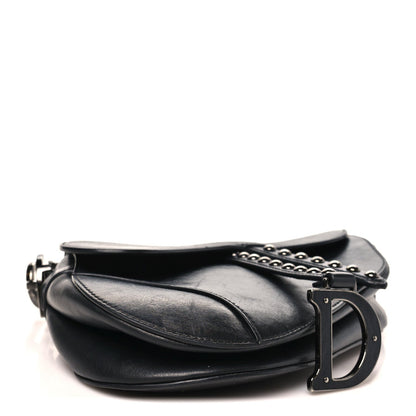 Shiny Crinkled Calfskin Studded Saddle Bag Black