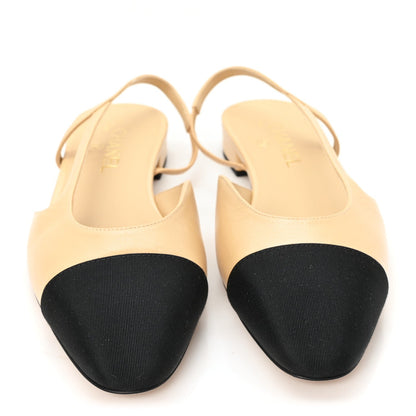Lambskin Grosgrain Cap Toe CC Slingback Sandals 40 Beige Black