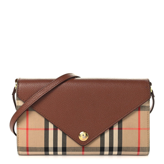 Grainy Calfskin Vintage Check Wallet With Detachable Strap Archive Beige Tan