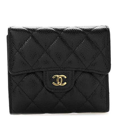 Caviar Quilted Compact Flap Wallet Black