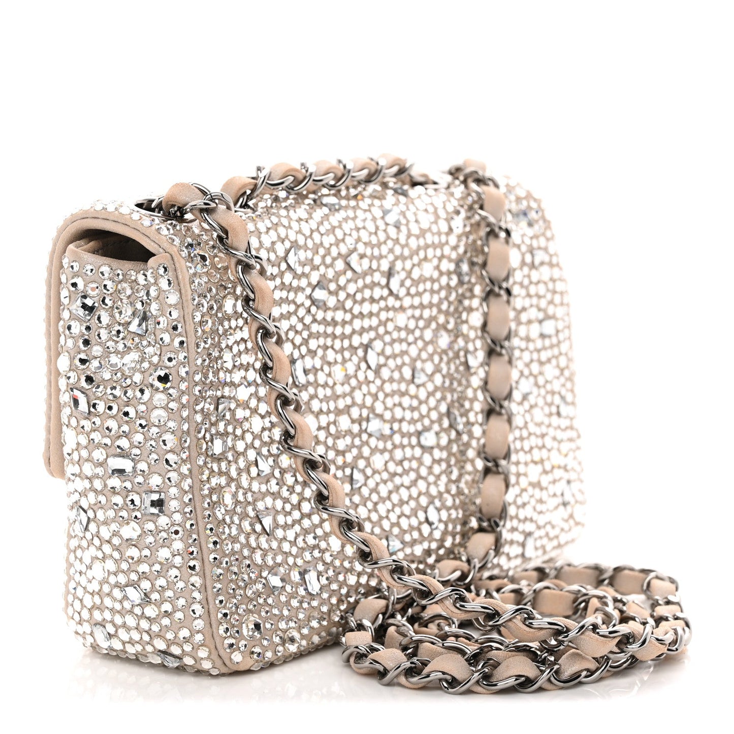 Suede Calfskin Crystal Mini Flap Silver