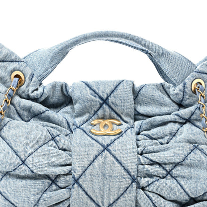 Washed Denim Quilted Maxi Bow Bag Blue