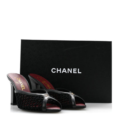 Mesh Cotton Lambskin Coco Beach Mules 36 Black