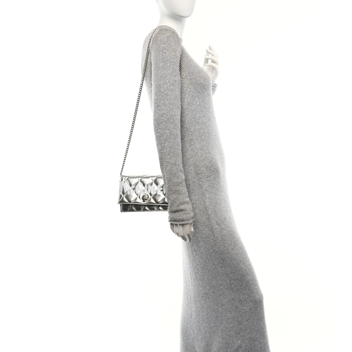 Alexander McQueen Metallic Calfskin Quilted Graffiti Skull Small Chain Crossbody Bag Silver