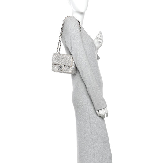 Suede Calfskin Crystal Mini Flap Silver
