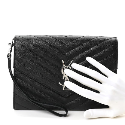 Grain De Poudre Matelasse Chevron Monogram Envelope Clutch Black
