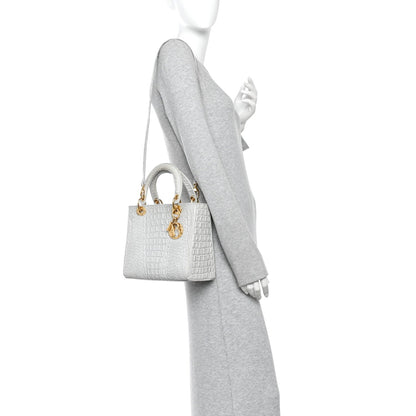 Calfskin Alligator Embossed Medium Lady Dior Light Blue