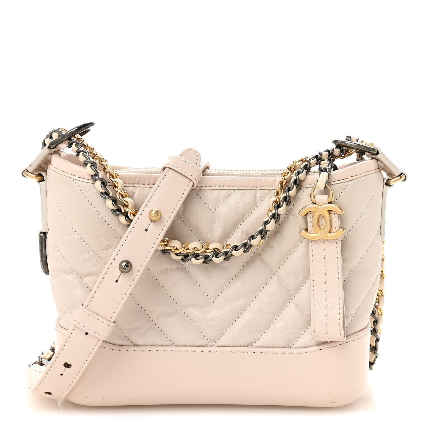 Aged Calfskin Chevron Quilted Small Gabrielle Hobo Beige
