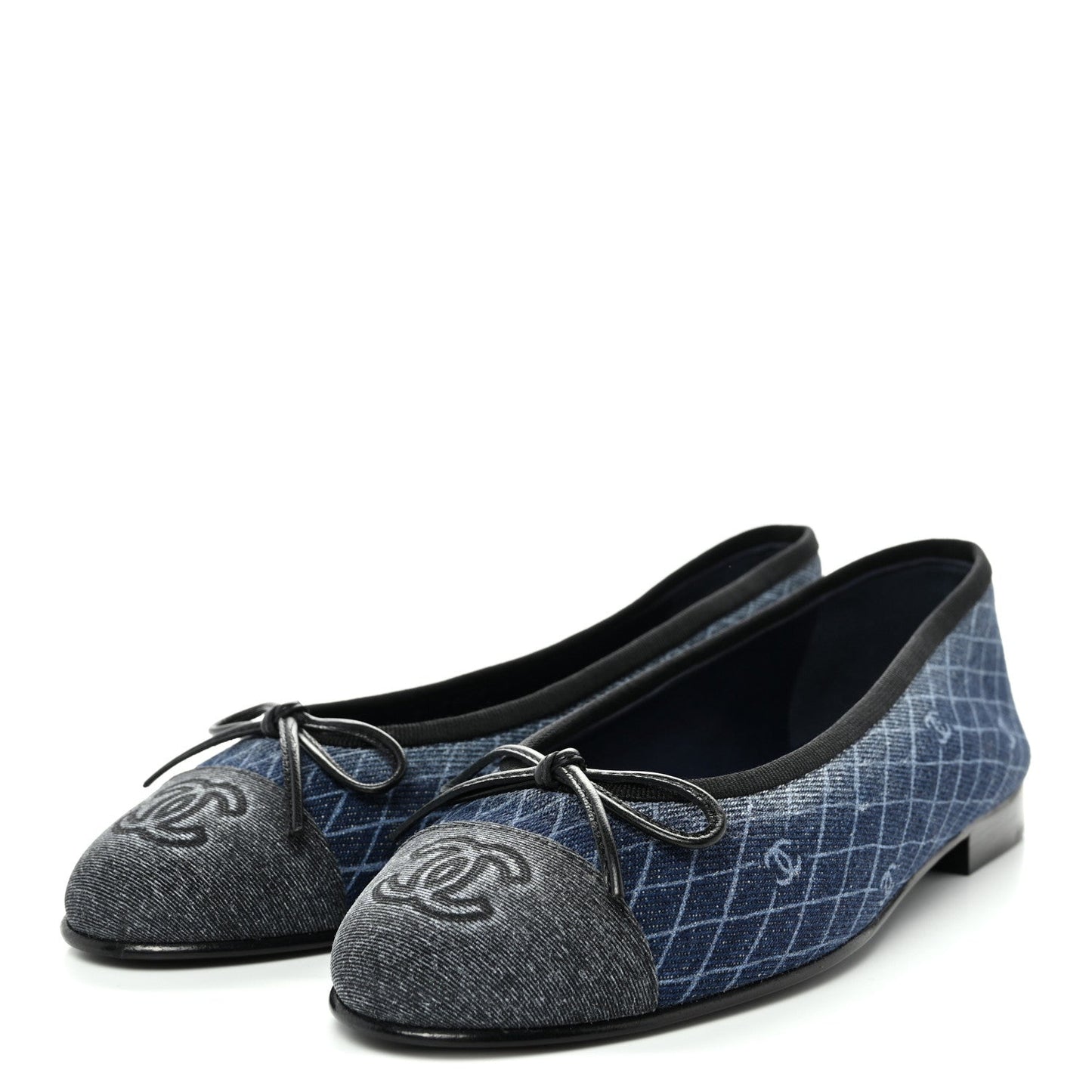 Denim Printed Quilt CC Cap Toe Ballerina Flats 35.5 Navy Blue Dark Grey