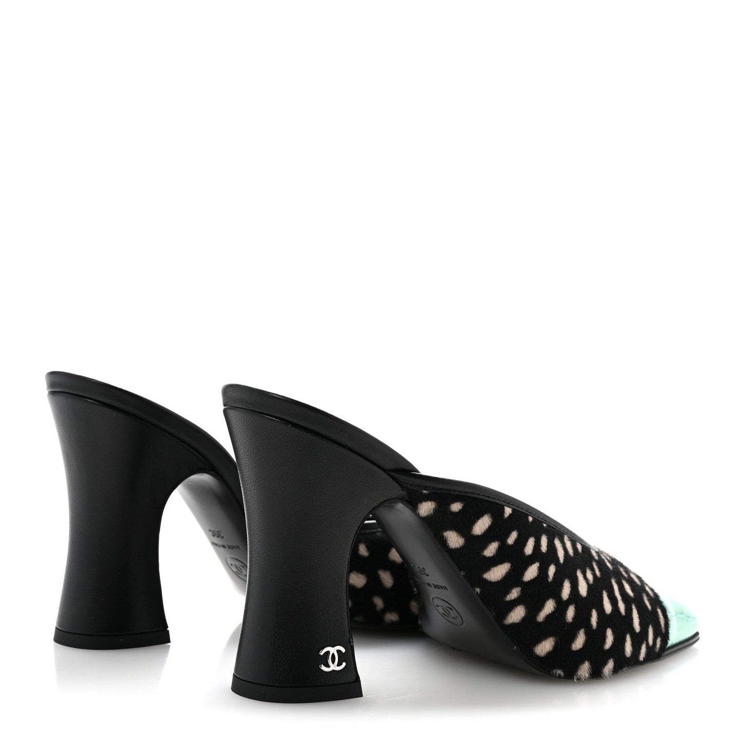 Pony Hair Lambskin Patent Calfskin Cap Toe Mules 39 Black White Green