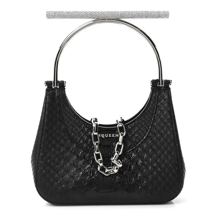 Alexander McQueen Snakeskin Crystal Mini T Bar Top Handle Black