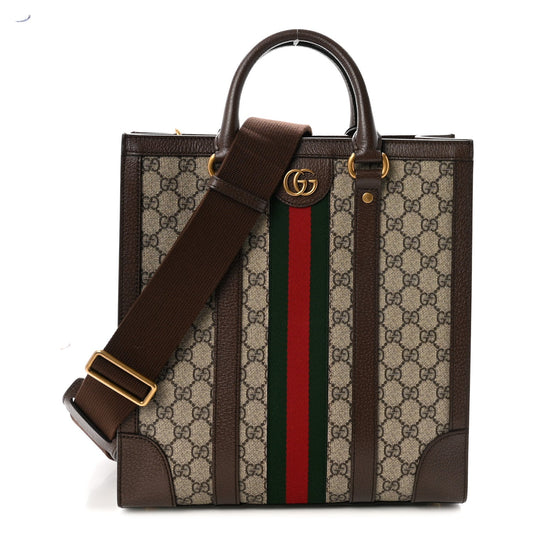 GG Supreme Monogram Textured Dollar Calfskin Web Medium Ophidia Tote Bag Beige Ebony