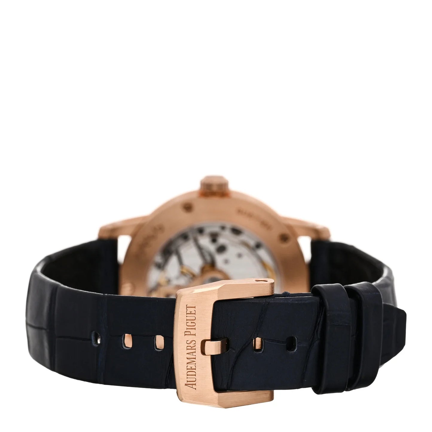 Audemars Piguet 18K Rose Gold Alligator 38mm Code 11.59 Automatic Watch Blue 77410OR.OO.A344CR.01