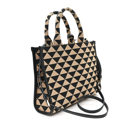Jacquard Saffiano Triangolo Symbole Embroidered Small Tote  Black Corda