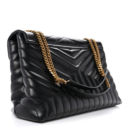 Calfskin Y Quilted Monogram Large Loulou Chain Satchel Black