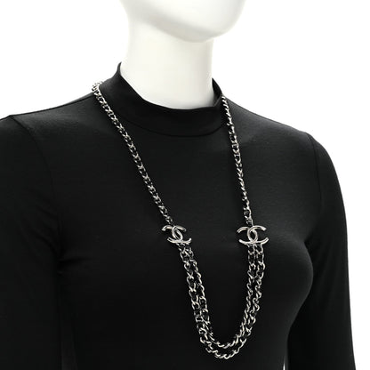 Metal Patent CC Double Chain Necklace Black Silver