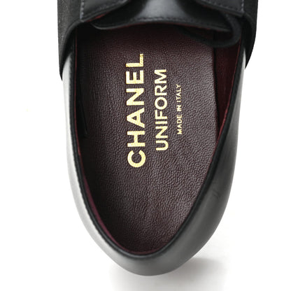Calfskin Elastic Lace Up Cap Toe CC Loafers 37.5 Black
