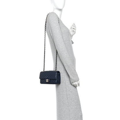 Lambskin Chevron Quilted Mini Rectangular Flap Navy