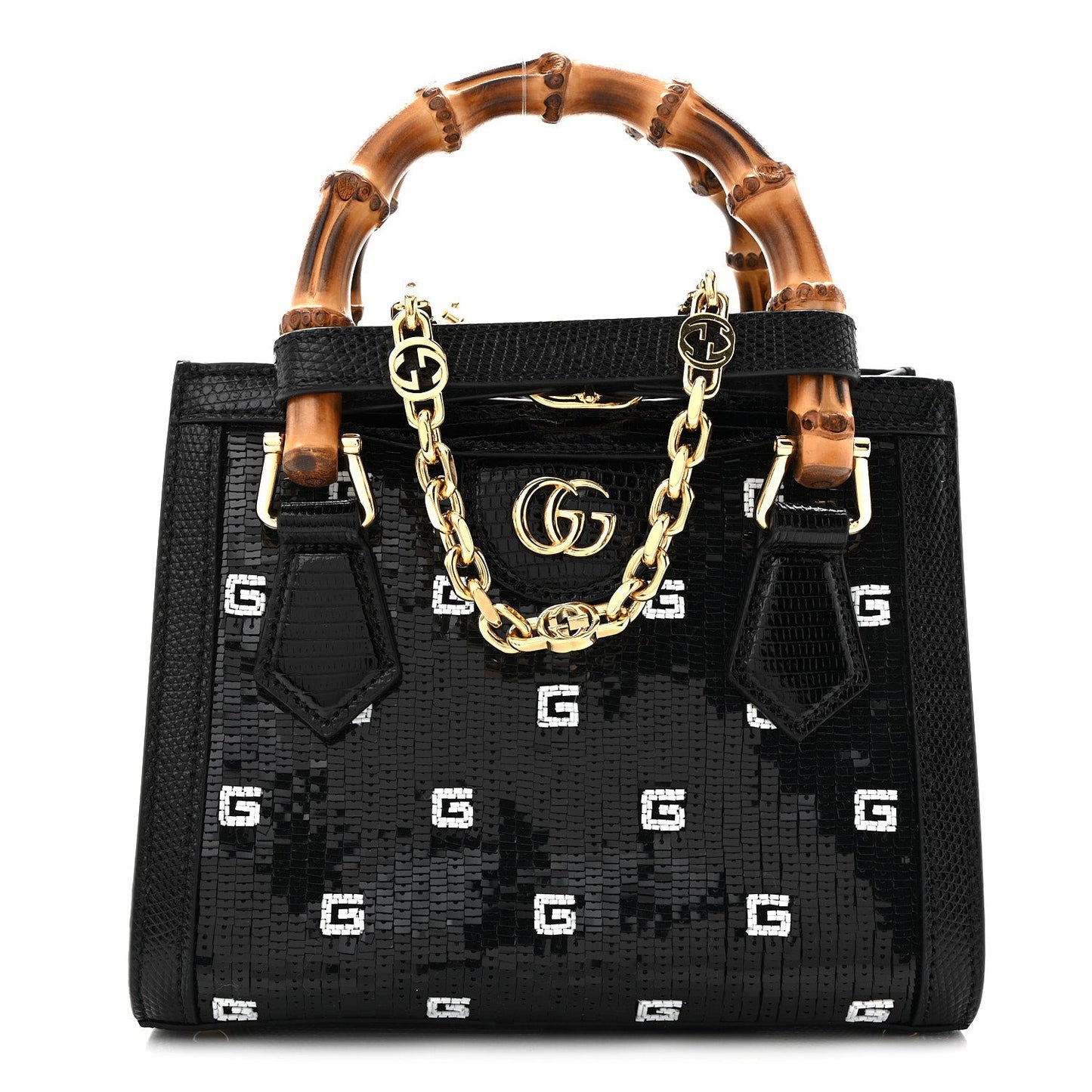 Lizard Sequin GG Monogram Mini Diana Tote Bag Black