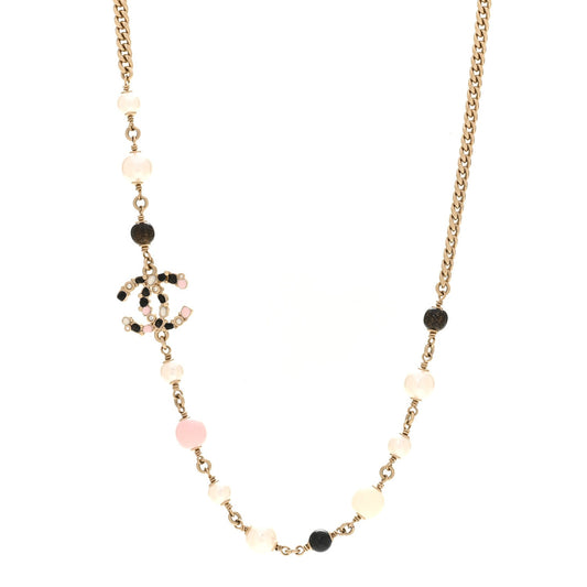 Pearl Beaded CC Necklace Gold Black White Pink