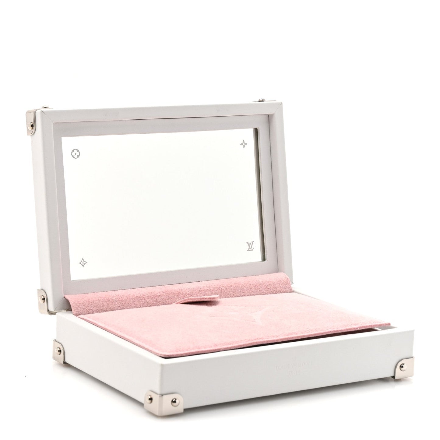 Calfskin Mirror Monogram Etched Jewelry Box Trunksu White