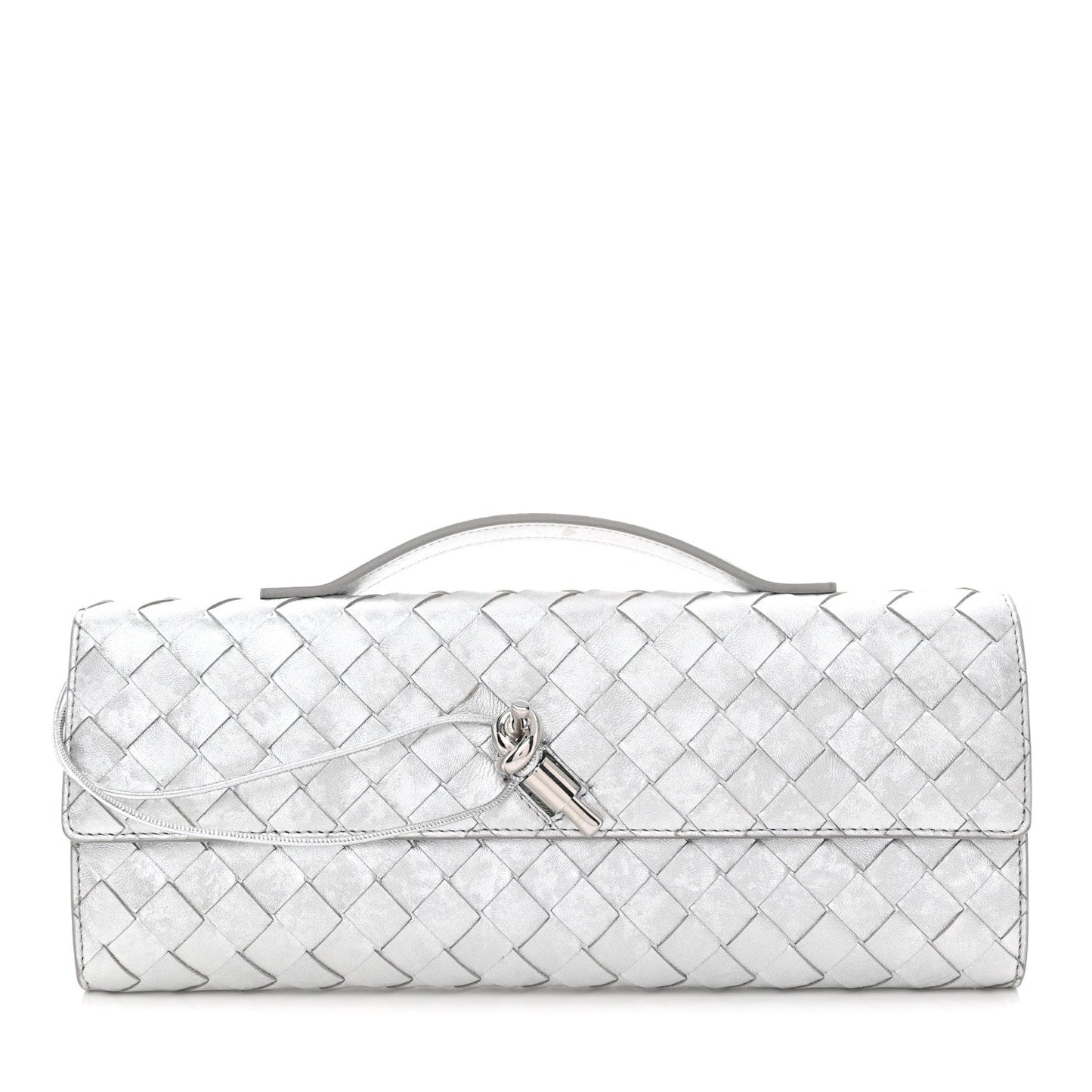 Metallic Lambskin Intrecciato Long Andiamo Top Handle Clutch Silver