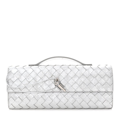 Metallic Lambskin Intrecciato Long Andiamo Top Handle Clutch Silver