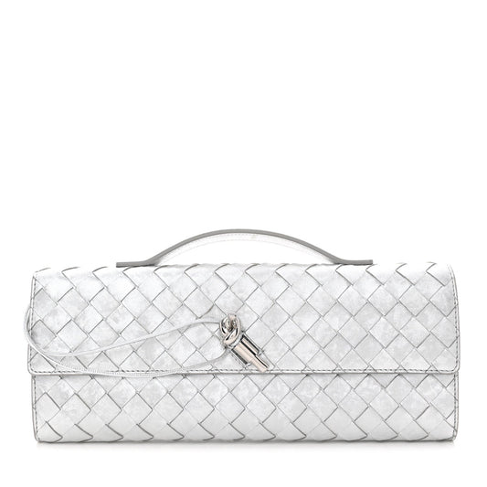 Metallic Lambskin Intrecciato Long Andiamo Top Handle Clutch Silver