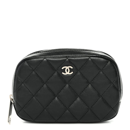 Lambskin Quilted Small Curvy Pouch Cosmetic Case Black