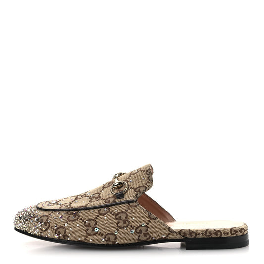 Crystal Canvas GG Monogram Nappa Womens Princetown Slippers 37.5 Beige Ebony New Acero