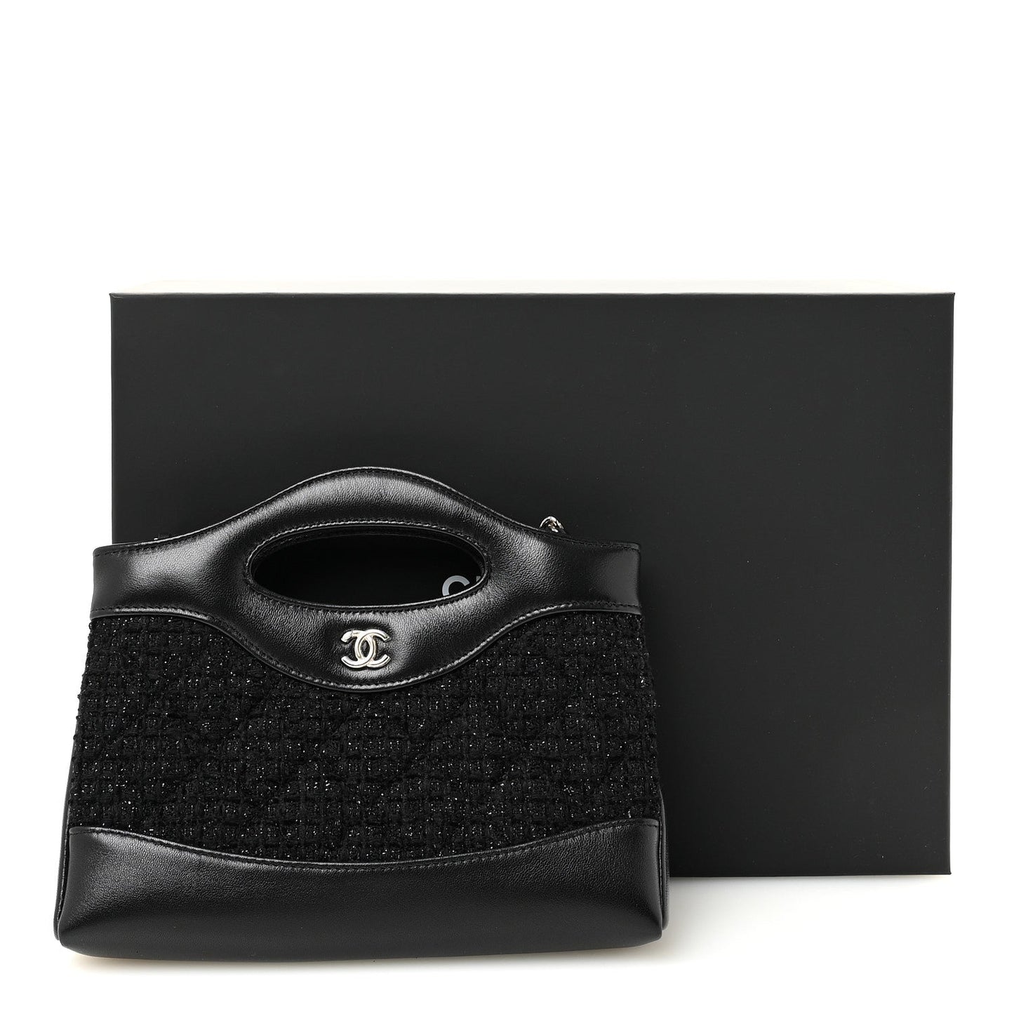 Tweed Shiny Calfskin Quilted Nano 31 Shopping Bag Black