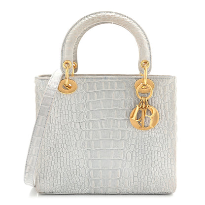 Calfskin Alligator Embossed Medium Lady Dior Light Blue