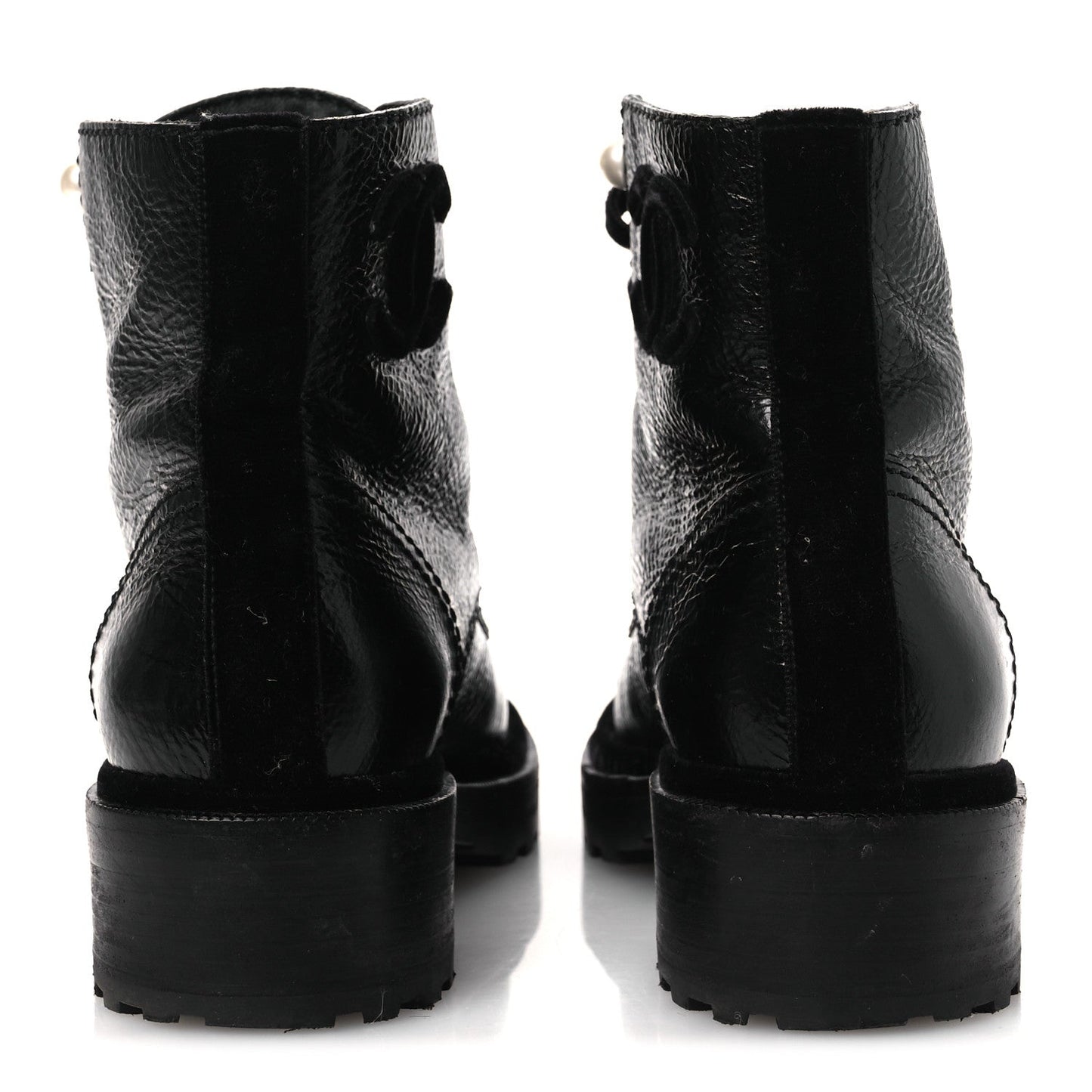 Shiny Calfskin Velvet Pearl Combat Short Boots 38 Black