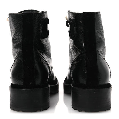 Shiny Calfskin Velvet Pearl Combat Short Boots 38 Black