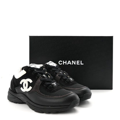 Mesh Suede Grained Calfskin Womens CC Sneakers 37.5 Black White