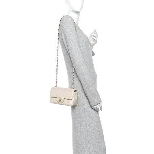 Iridescent Lambskin Quilted Mini Rectangular Flap Ivory
