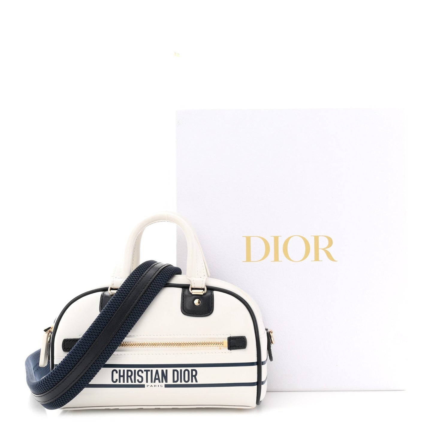 Calfskin Micro Dior Vibe Zip Bowling Bag White