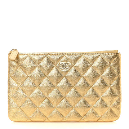Metallic Caviar Quilted Small Zipped Pouch Gold
