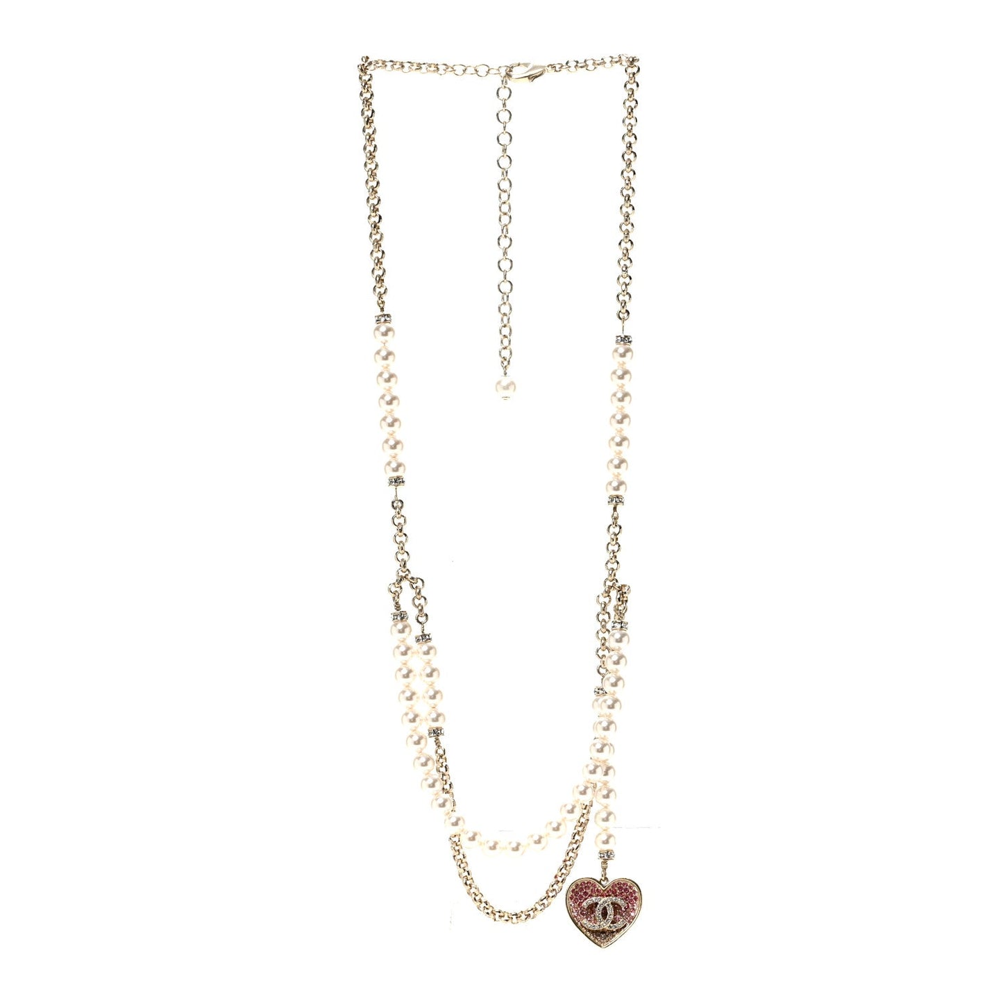 Pearl Crystal CC Heart Multi Strand Necklace Gold White Pink
