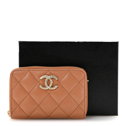 Caviar Quilted Textured CC Zip Around Coin Purse Beige