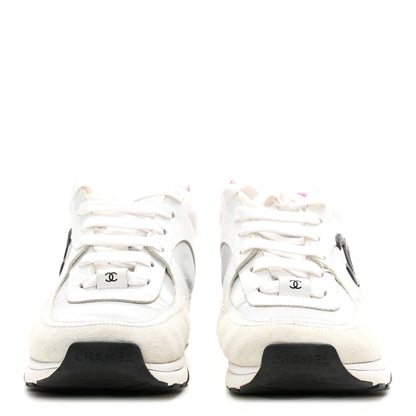 Calfskin Fabric Sneakers 39 White Silver Fluo Pink