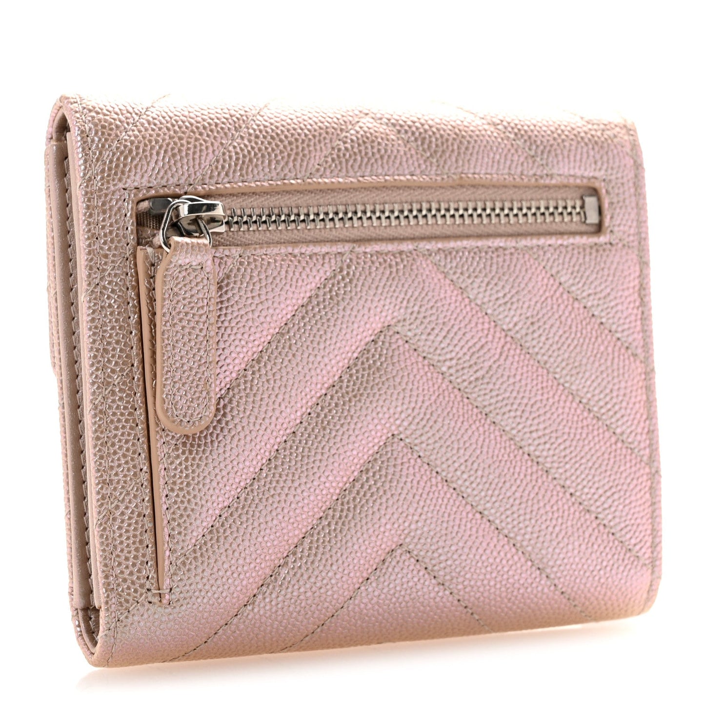 Metallic Caviar Chevron Quilted Compact Flap Wallet Light Gold