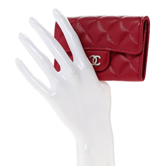 Caviar Quilted Flap Card Holder Wallet Dark Pink