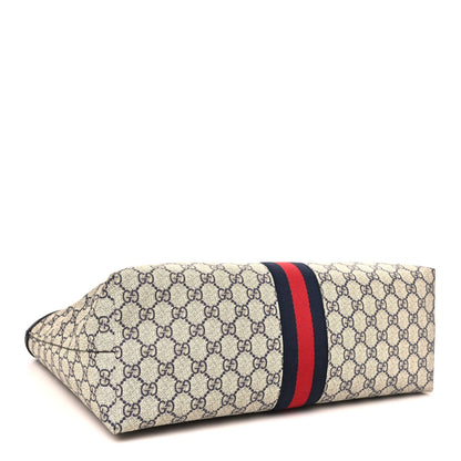 GG Supreme Monogram Textured Calfskin Web Medium Ophidia Shopping Tote Beige Blue