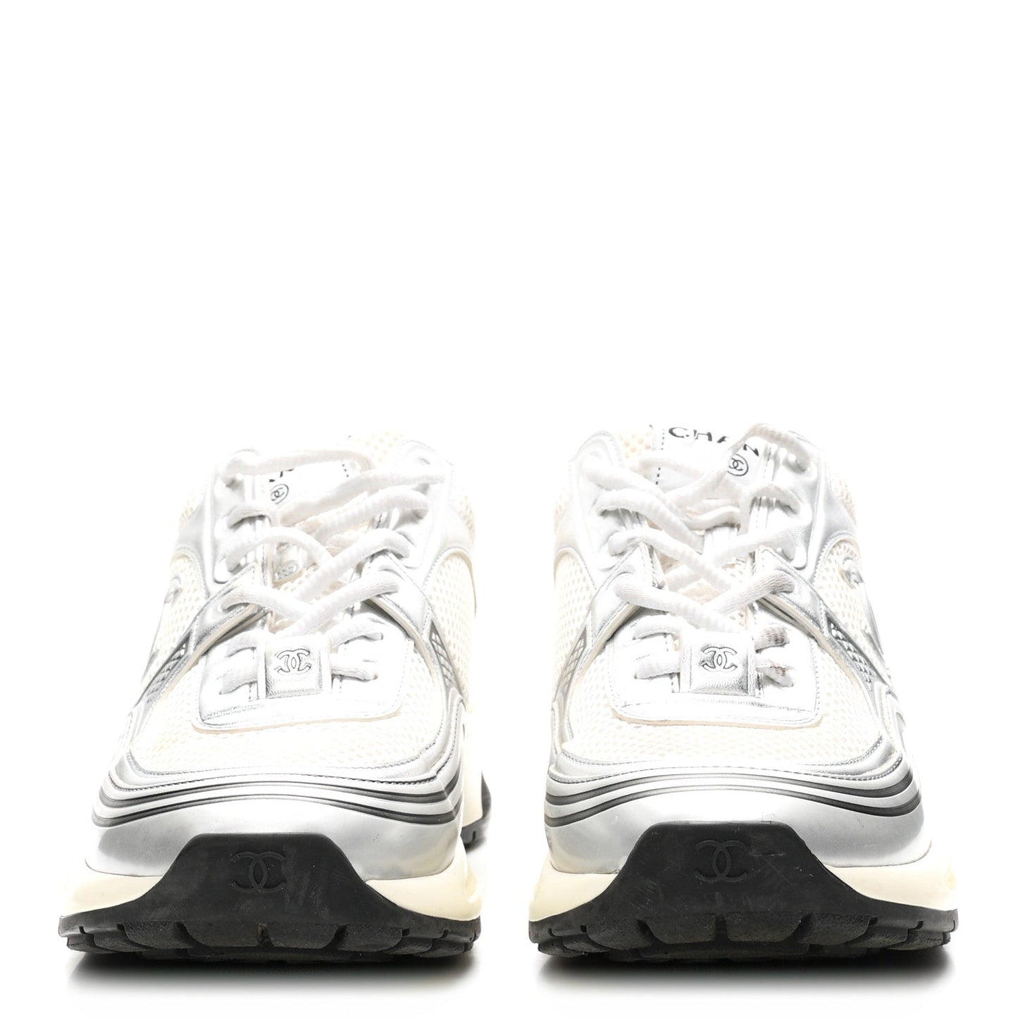 Fabric Laminated Calfskin Stretch CC Womens Sneakers 39 White Silver