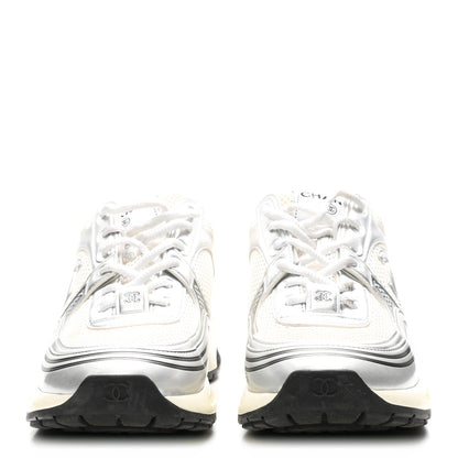 Fabric Laminated Calfskin Stretch CC Womens Sneakers 39 White Silver