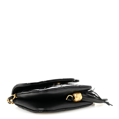 Crumpled Patent Lambskin Quilted Tassel Clutch With Chain Black
