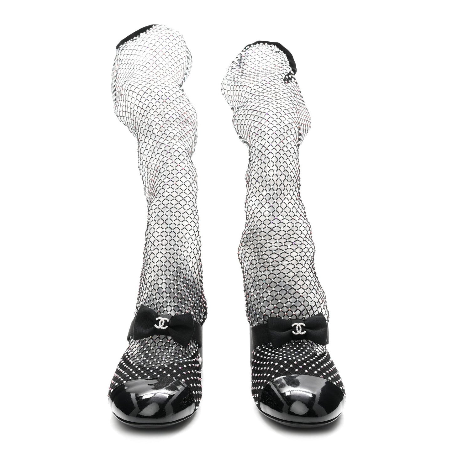 Mesh Crystal Patent CC Bow High Boots 40 Black