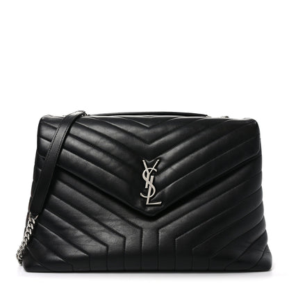 Calfskin Y Quilted Monogram Large Loulou Chain Satchel Black