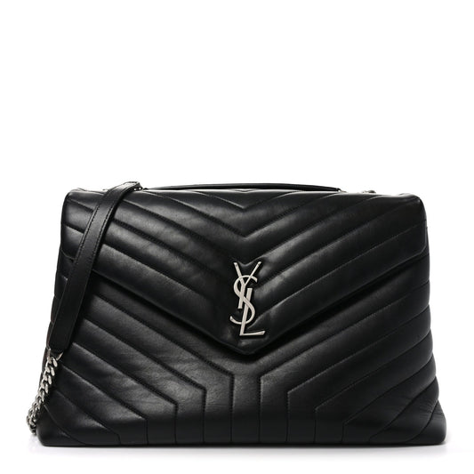 Calfskin Y Quilted Monogram Large Loulou Chain Satchel Black